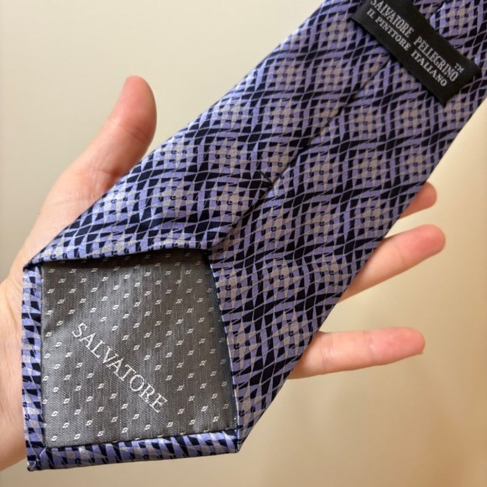 Salvatore Pellegrino Navy Blue Periwinkle Silver Silk Handmade Neck Tie FLAW